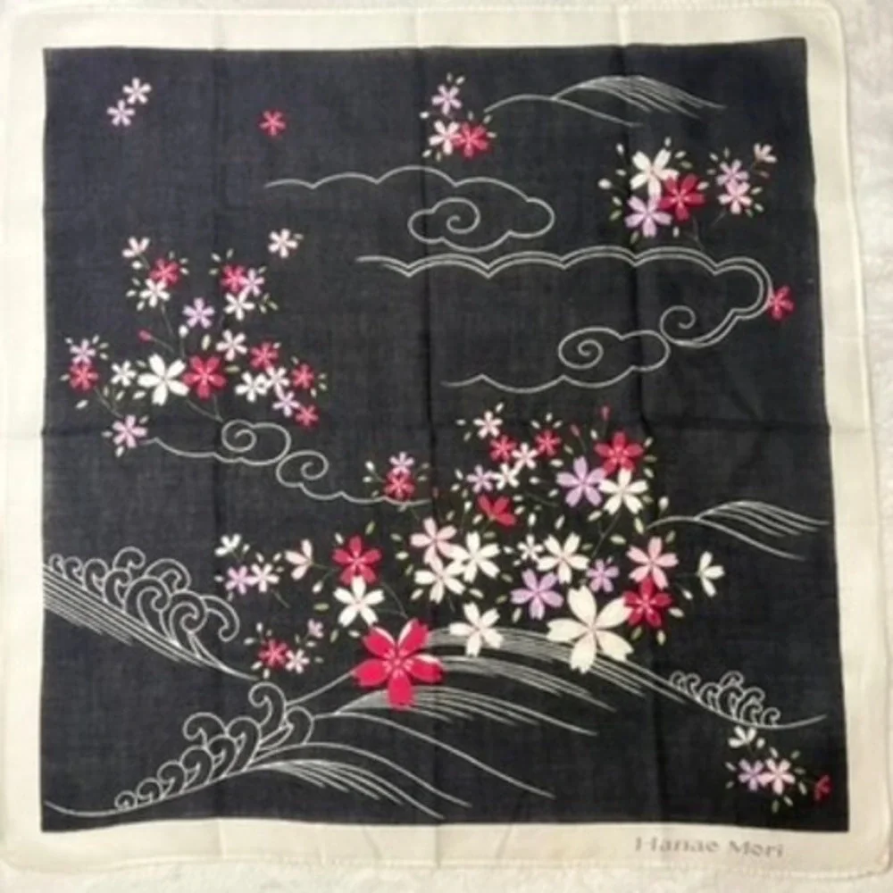 Vtg HANAE MORI Scarf Handkerchief Cherry Blossom Navy Pink 16